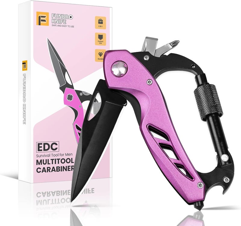 FUNBRO Pink Multitool Carabiner, Stocking Stuffers Gifts for Mom Women Wife, 6-in-1 Keychain Multi Tools with Window Breaker, Bottle Opener and Screwdriver, EDC Gear Gadget for Camping Hiking - Image 1